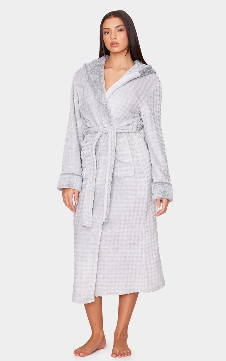 grey and white fluffy dressing gown OLIVIA ROCCO Shimmer Fleece Hooded Bath Robe Grey For Women Luxurious