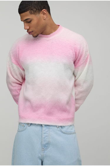 Relaxed Boxy Extended Neck Ombre Knitted Jumper - pink