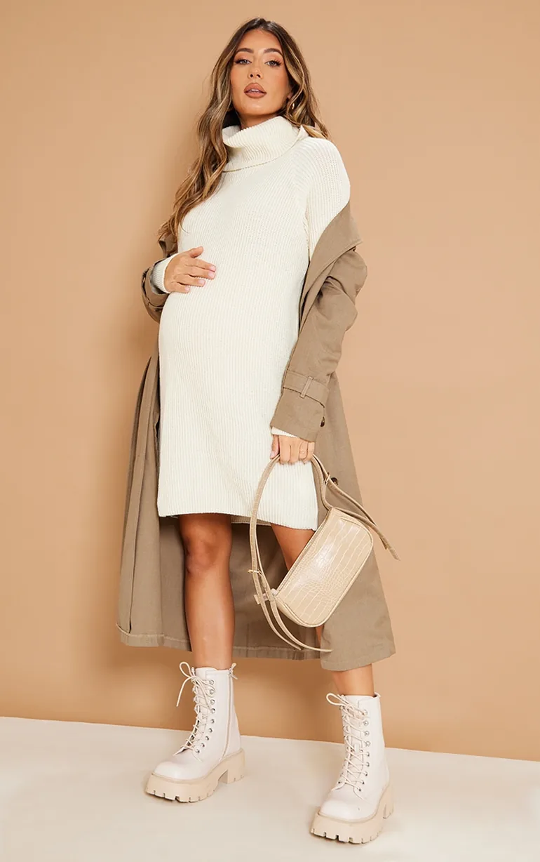 Maternity Cream High Neck Oversized Jumper Dress - 2