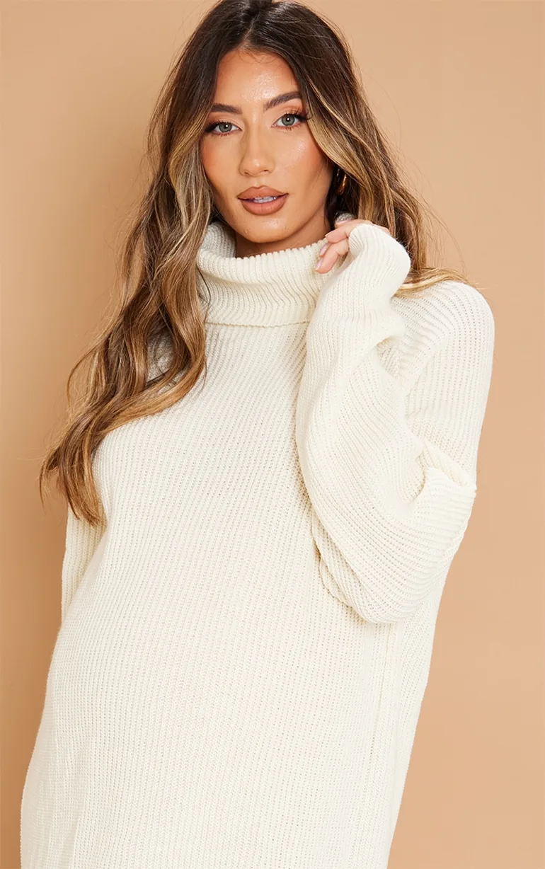 Maternity Cream High Neck Oversized Jumper Dress - 3