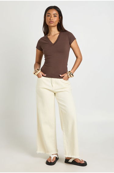 V Neck Cap Sleeve Fitted T-shirt - chocolate