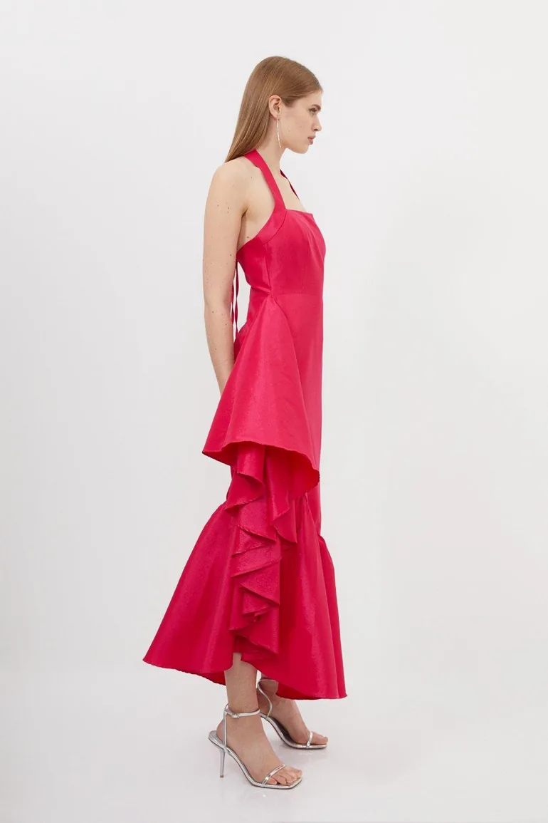 Metallic Taffeta Halterneck Ruffle Hem Midaxi Dress - 2