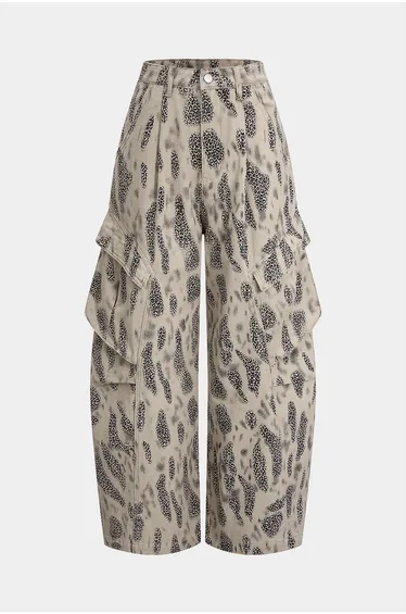 Denim Leopard Print Pleated Zipper Wide Leg Jeans