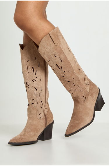Faux Suede Cut Out Detail Western Boots - taupe