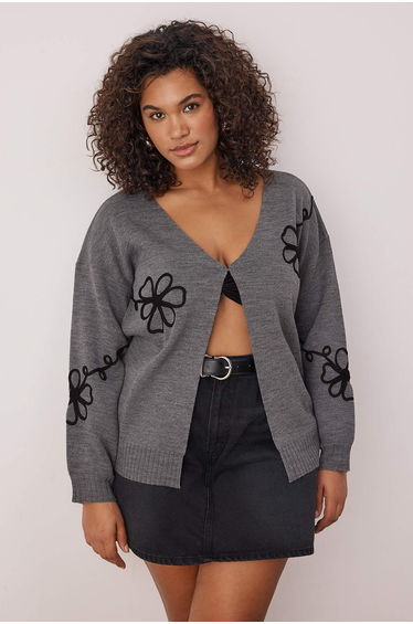 Anthracite embroidered v-neck knit cardigan