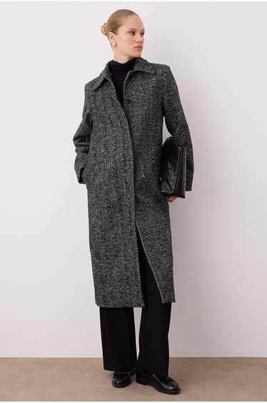 Anthracite Herringbone Mono Closure Fitted Maxi Cashmere Coat