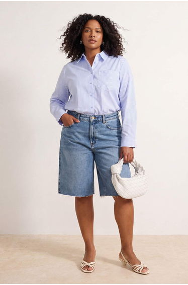 Blue Striped Padded Detailed Plus Size Shirt