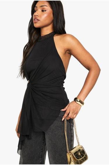 Mesh High Neck Trim Detail Drape Top - black