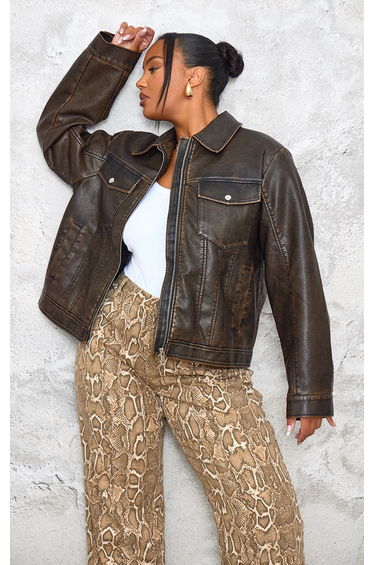 Plus Brown Washed Faux Leather Pocket Detail Bomber Jacket