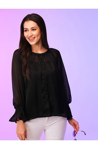 Solid Round Neck Flute Sleeve Top