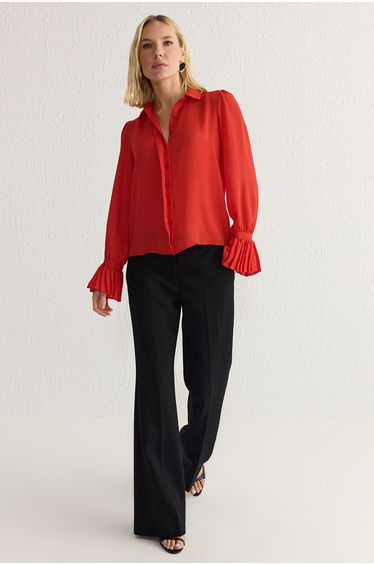 Red Spanish Sleeve Detail Regular Regular Pattern Woven Shirt