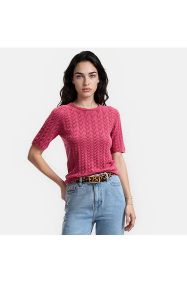 Pointelle Knit Crew Neck Short Sleeve Jumper/Sweater