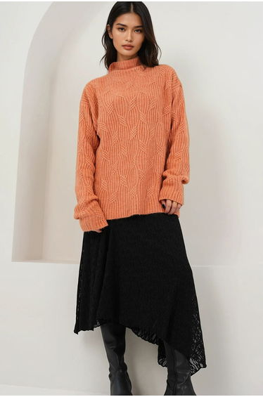 Women's Cinnamon Mock Neck Soft Textured Oversized Knitwear Sweater