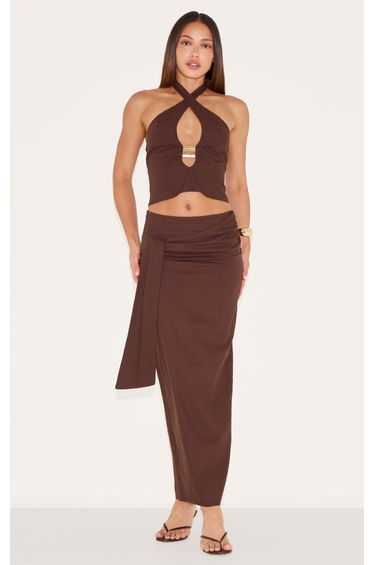Tall Chocolate Woven Drape Detail Midaxi Skirt