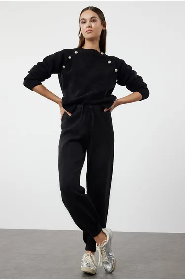 Black Boucle Yarn Textured Button Detailed Knitwear Top-Bottom Set