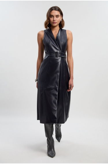 Faux Leather Belted Sleeveless Dress