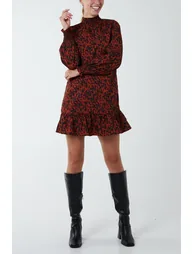 Abstract Print High Neck Mini Smock Dress - 1