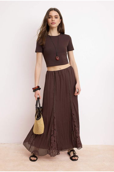 Brown Lace Detailed Midi Skirt