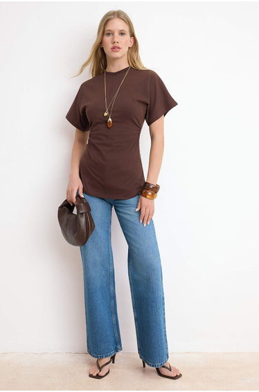 Brown Fitted Batwing Short Sleeve Ruched Knitted Blouse