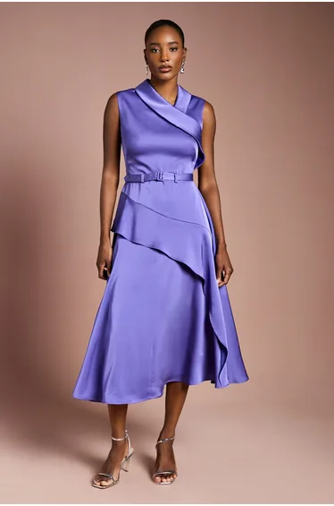 Waterfall Ruffle Belted Satin Midi Dress