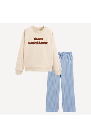 Striped Slogan Pyjamas with Fleece Sweatshirt and Flannel Trousers