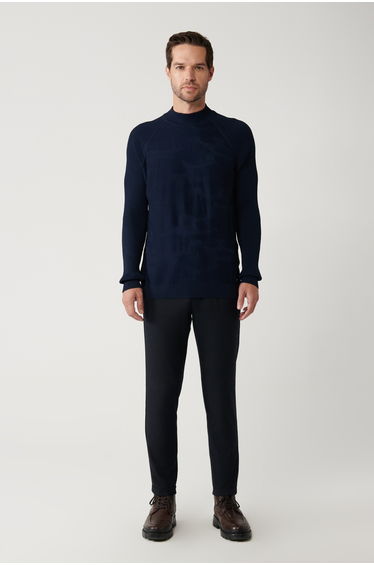 Men's Navy Blue Crew Neck Camouflage Patterned Rayon Knitwear Sweater