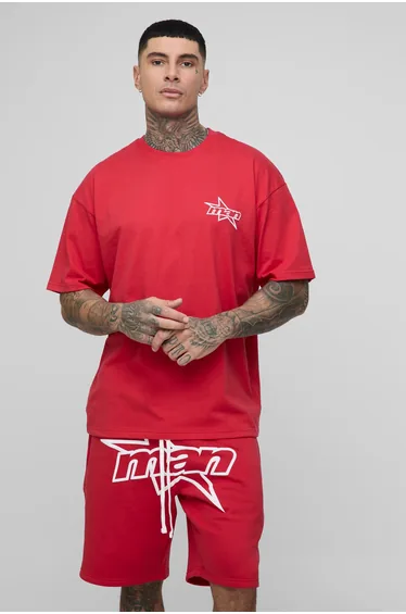 Tall Man Star Puff Print Oversized T-Shirt & Relaxed Jersey Short Set - red