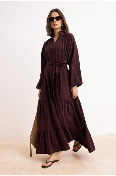 Plum Embroidery Detailed Ruffle Collar Woven Dress & Jumpsuit Hijab Dress