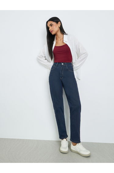 Women Dark Blue High Rise Mom Fit Jeans