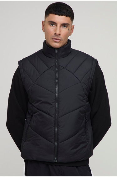 Tall Regular Fit Abstract Quilted Funnel Neck Gilet In Black - black