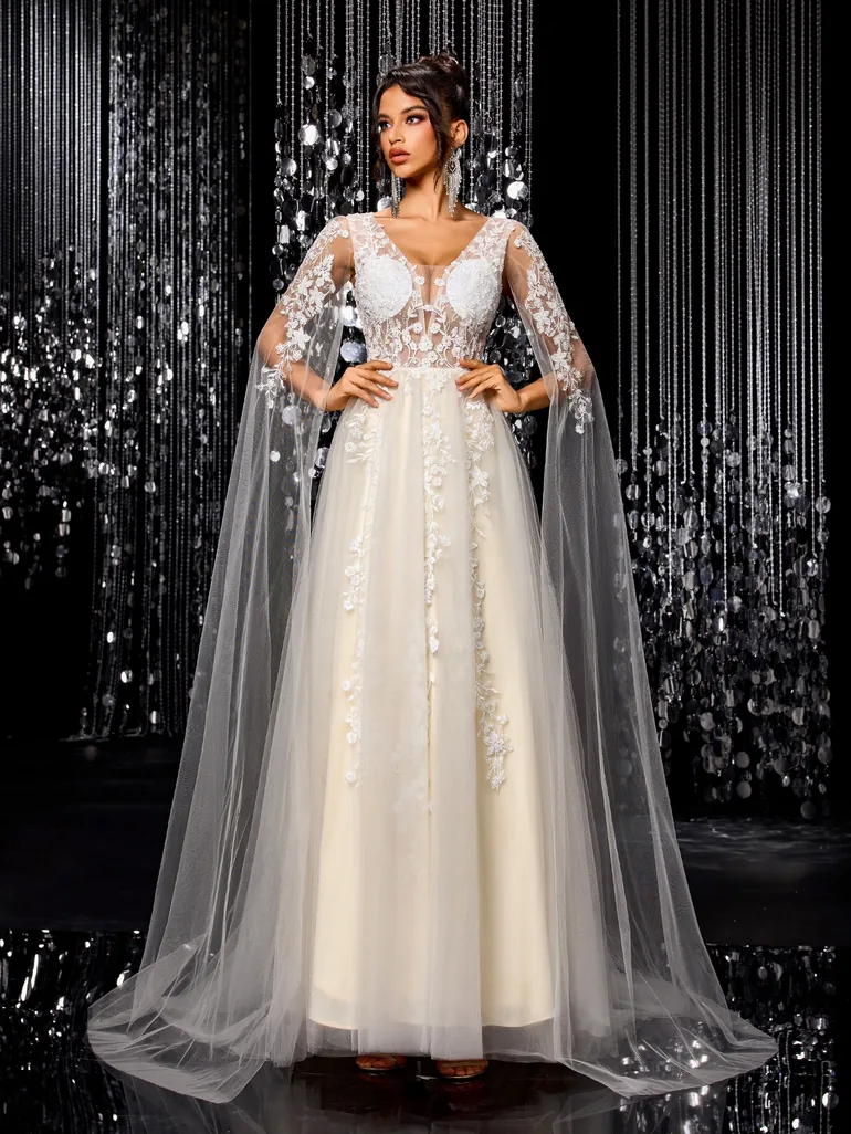 Modecrush Gorgeous Beaded Embroidered Mesh Long Sleeved Bridal Dress Leely  Beige : Premium Dresses : VogaCloset Qatar