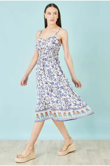 Yumi White Floral Border Print Viscose Midi Sun Dress