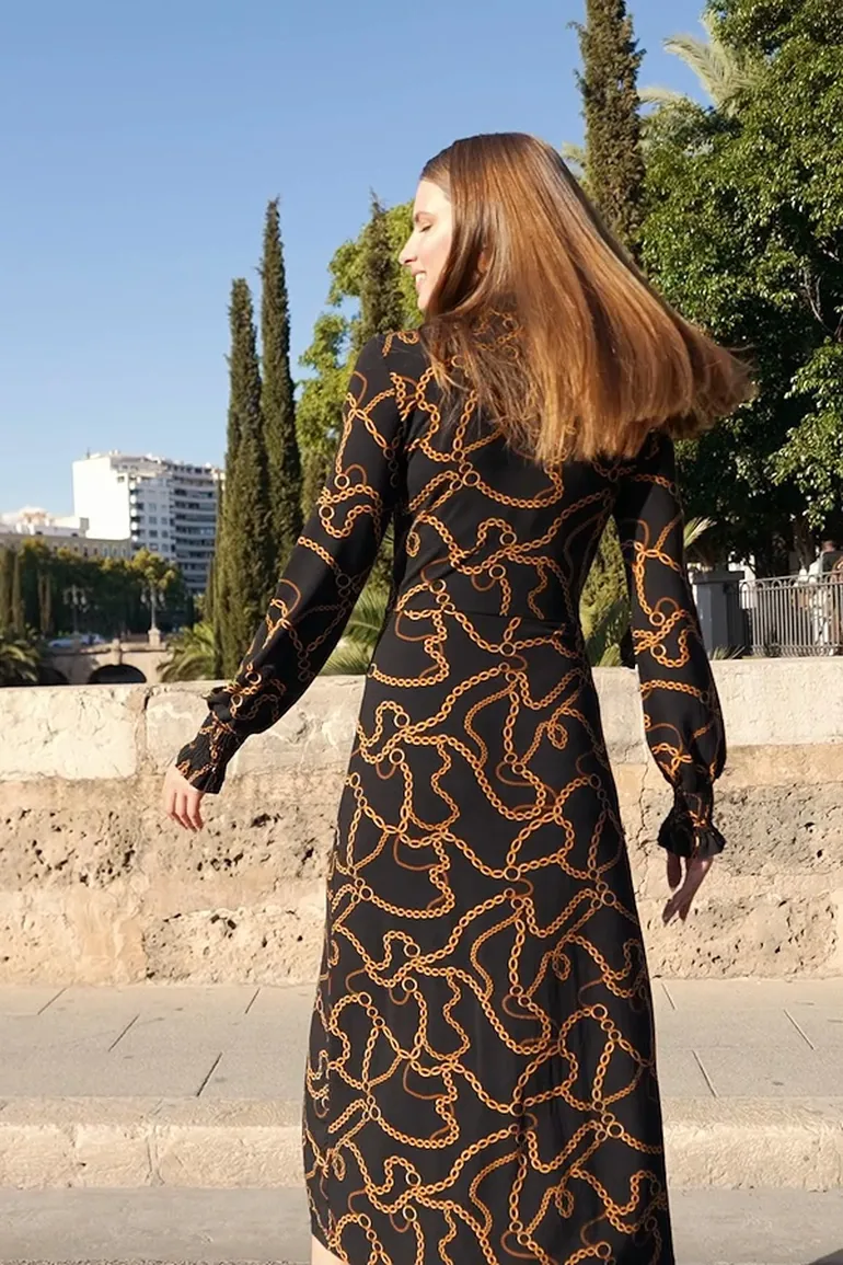 Shop Black & Gold Chain Print High Neck Jersey Dress Online in Iraq Shop Black & Gold Chain Print High Neck Jersey Dress Online in Iraq