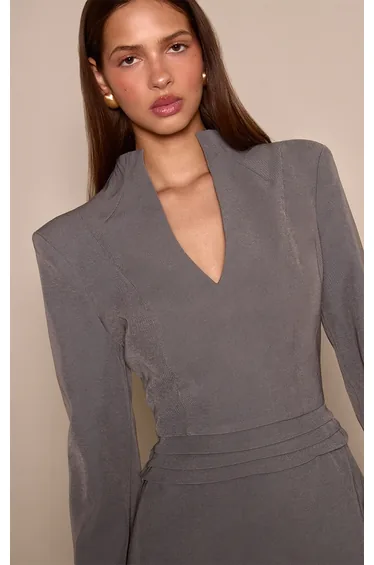 Charcoal Woven V Neck Mini Dress