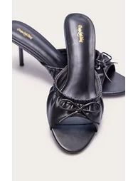 Black Faux Leather Ruched Bow Detail Kitten Heel Mules - 1