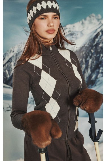 Chocolate Argyle High Neck Zip Up Cardigan
