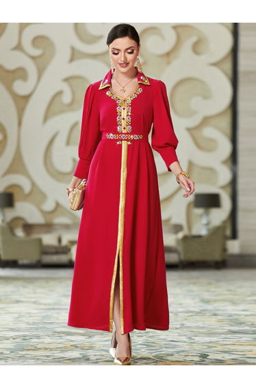 Women Red Embellished Open Collar Golden Trim Jalabiya
