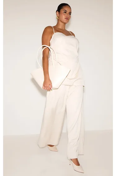 Plus Oyster Woven Ruched Bodice Overlay Straight Leg Jumpsuit