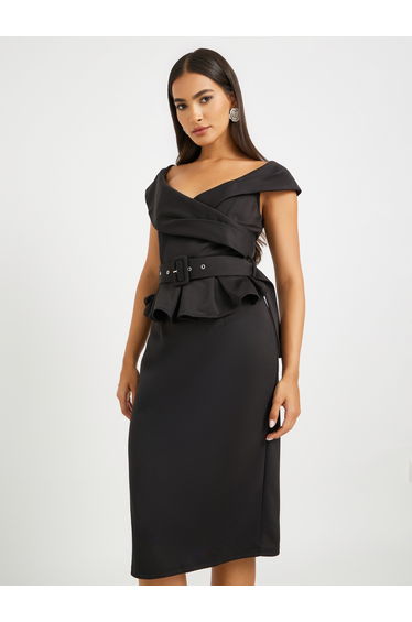 Ruffle Detail Short Sleeves Sheath Midi Dress