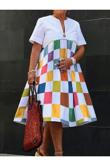 Loose Short Sleeves Printed Rainbow Plaid V-Neck Midi Dresses