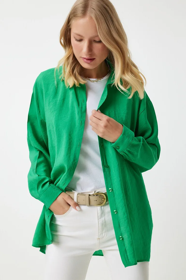Women's Green Oversize Long Linen Ayrobin Shirt - 5