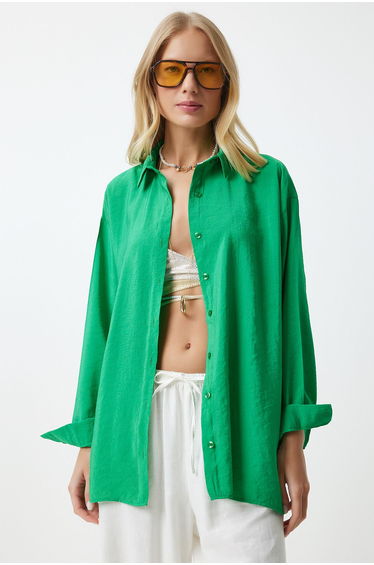 Women's Green Oversize Long Linen Ayrobin Shirt