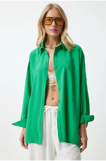 Women's Green Oversize Long Linen Ayrobin Shirt