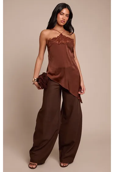 Chocolate Satin Lace Halterneck Asymmetric Cami Top