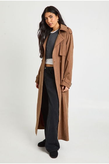 Tall Peached Oversized Double Breast Trench Coat - chocolate