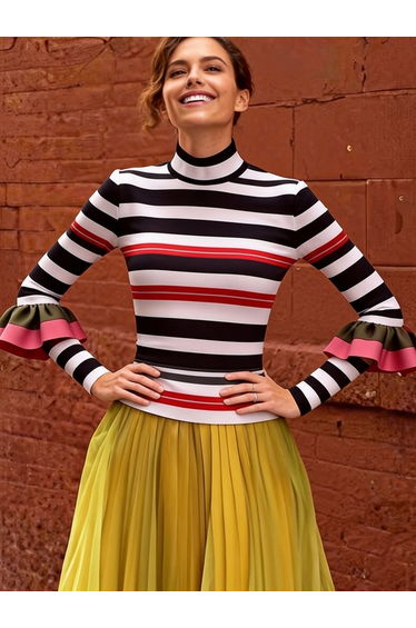 Long Sleeves Skinny Contrast Color Ruffled Split-Joint Striped Half Turtleneck Tops