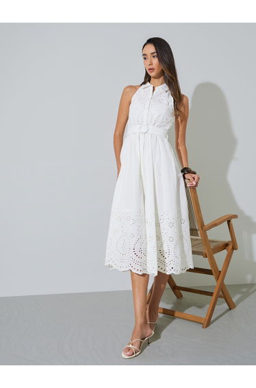 White Broderie Sleeveless Shirt Midi Dress