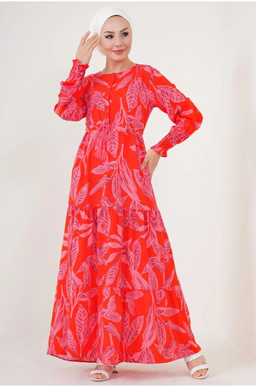 BDART Floral Maxi Dress with Crew Neck and Button Closure