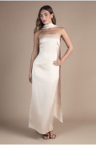 Bandeau Satin Maxi Wedding Dress With Scarf