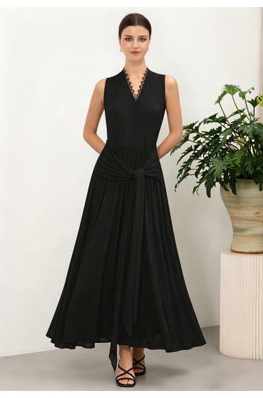 Faux Wrap Draped Sash Sleeveless Maxi Dress in Black for Wedding Guest Events & Evening Galas
